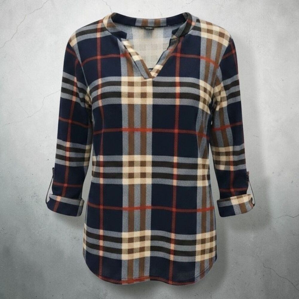 WinWin Tunic Top Womens L-XL Blue Brown Plaid V-Neck Roll Tab Sleeve Cabincore
